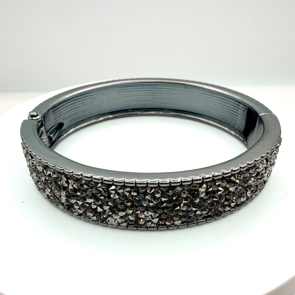 Vintage Gunmetal Clamper Bracelet with Gray Rhinestones - Y2K 90s Statement